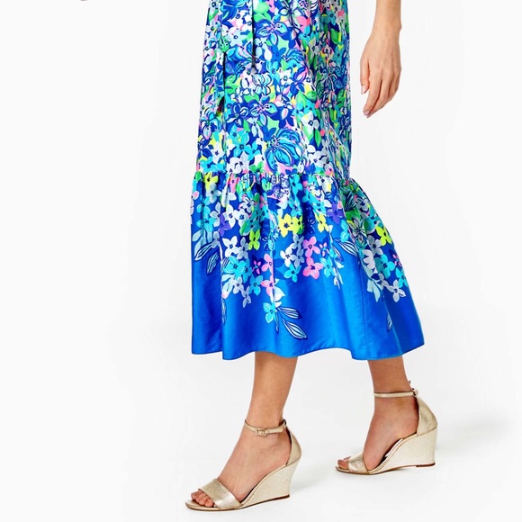 Lilly Pulitzer Zalie Off-The-Shoulder Midi Dress Borealis Blue Social Sunset 14 - Picture 5 of 12